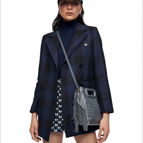 NWT $525 MAJE GOLDAN COAT in a Black / Navy Checkered Print - size 34 / US XS! - Picture 5 of 9